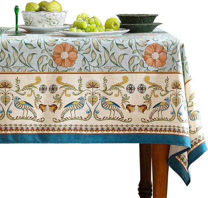 patdrea Designer French Linen Blue Tablecloth for Rectangle Table,Vintage Floral Table Cloth,Colorful Decoration Fall Cover Kitchen Dining for Thanksgiving,Christmas,63"x87"-Wensel