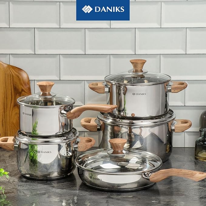 Daniks Oslo 6-Piece Stainless Steel Induction Cookware Set – Dishwasher Safe Pots with Heatproof Handles, Glass Lids, Silver
