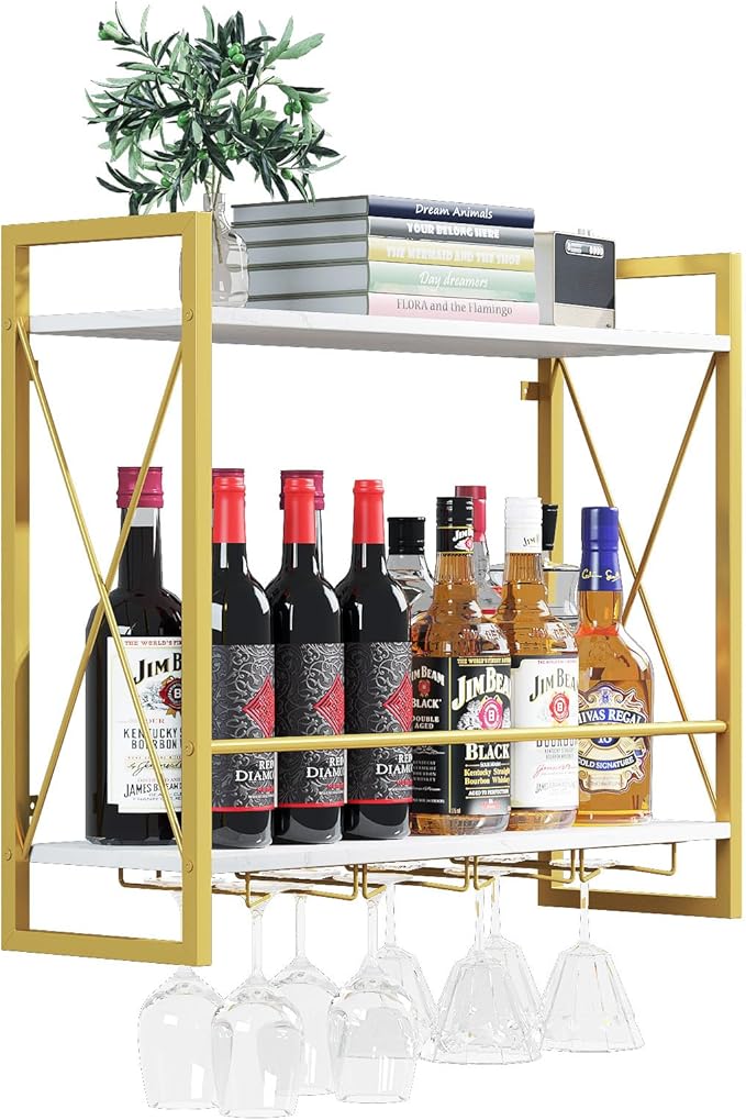 Dokser Wine Rack Wall Mounted 2 Tier Shelf, Wall Wine Rack with Industrial Iron & Rustic Wood Frame Wine Bottle Holder for Kitchen, Dining Room, Home Bar Decor (Gold)