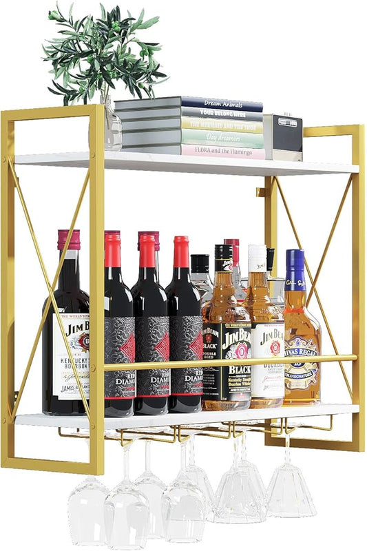 Dokser Wine Rack Wall Mounted 2 Tier Shelf, Wall Wine Rack with Industrial Iron & Rustic Wood Frame Wine Bottle Holder for Kitchen, Dining Room, Home Bar Decor (Gold)