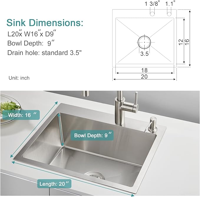 24x18 inch Drop in Kitchen Sink - Top mount Bar Sink Single Bowl, 9 inch Deep Stainless Steel Rv Sinks Handmade with Strainer