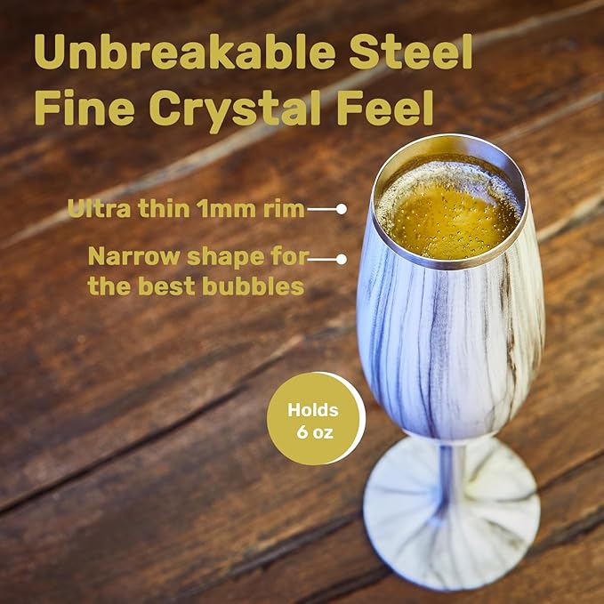 NEWPORT Stemware Collection, Premium Vacuum Insulated Stainless Steel Sparkling Wine & Champagne Flute, Crystal Thin Champagne Glass, Unbreakable & Drinks Stay Cold, Non-Slip Silicon Base, 6oz, Marble