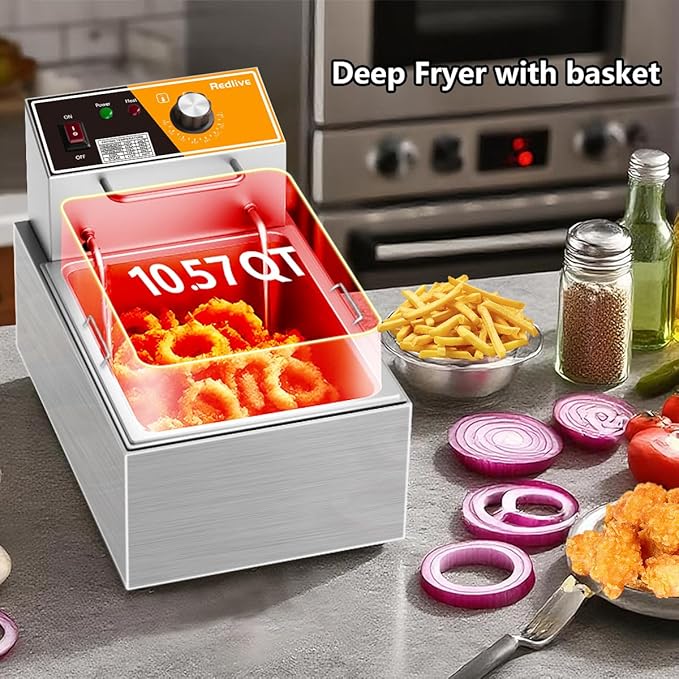 Electric Deep Fryer 10L/10.5QT Stainless Steel Single Tank Commercial Fryer with Basket, 1700W 110V Countertop Deep Fryer for Home Kitchen and Restaurant Use with Oil Thermometer & Temperature Control
