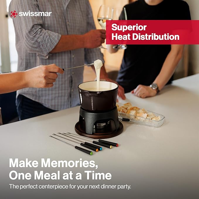 Swissmar Sierra Cast Iron Fondue Set, 1.6 Quart / 1.6 Liter – Perfect for Meat, Cheese, & Chocolate Fondues – Ideal for Family Bonding & Hosting Gifts - 12-Pieces, Metallic Black