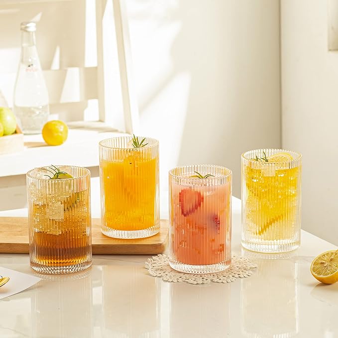 Vintage Ribbed Glassware Set: 4pcs 16.9oz XL Drinking Glasses, Fluted Ripple Drinkware, Origami Style, Elegant Glassware for Whiskey, Cocktail, Iced Coffee, Juice, Beer, Soda