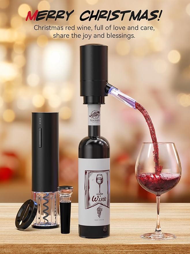 Rechargeable Electric Wine Gift Set - Aerator, Vacuum Stoppers, Foil Cutter and Bottle Opener for Home Bar and Outdoor Parties (Black)