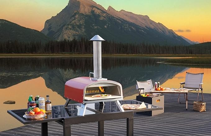 16" Outdoor Pizza Oven Propane & Wood Fired Stainless Steel Pizza Grill with Gas Burner, Wood Tray Pizza Stone, Pizza Peel, Carry Bag (Red)