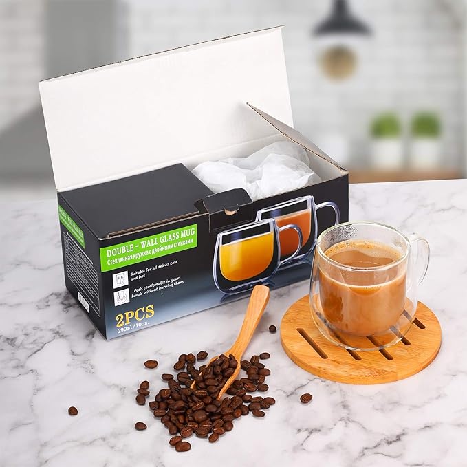 CNGLASS 10oz Double Walled Glass Coffee Mugs(4-pack),Clear Coffee Cups with Handle,Glass Espresso Mugs for Latte,Cappuccino,Tea