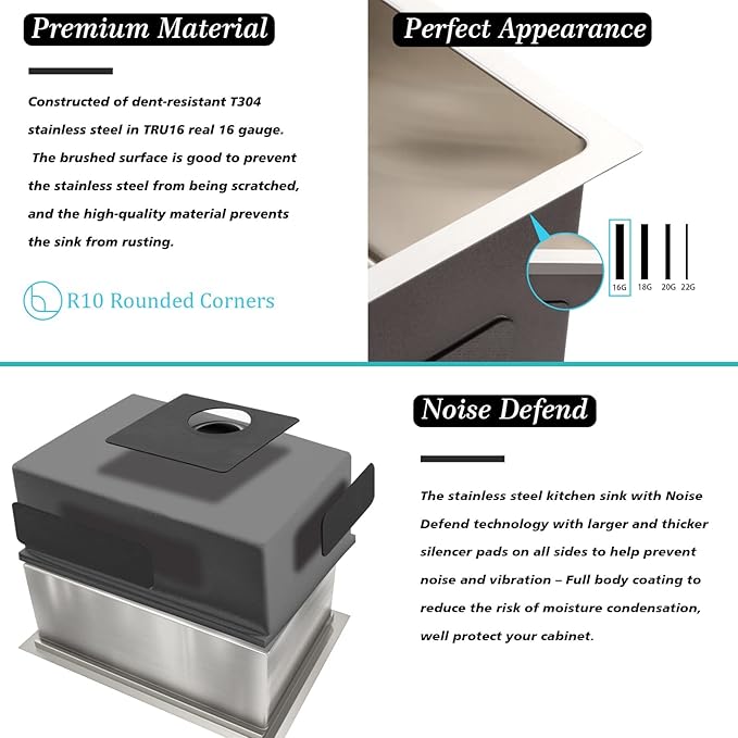 Mocoloo 26 inch Undermount Kitchen Sink - 26x18 Stainless Steel Sink 16 Gauge Round Corner Single Bowl Deep Basin