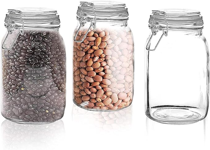 Set of 3 Glass Mason Jar with Airtight Lid 50 Ounces | Glass Storage Container for Food, Flour, Pasta, Coffee, Candy, Dog Treats, Snacks