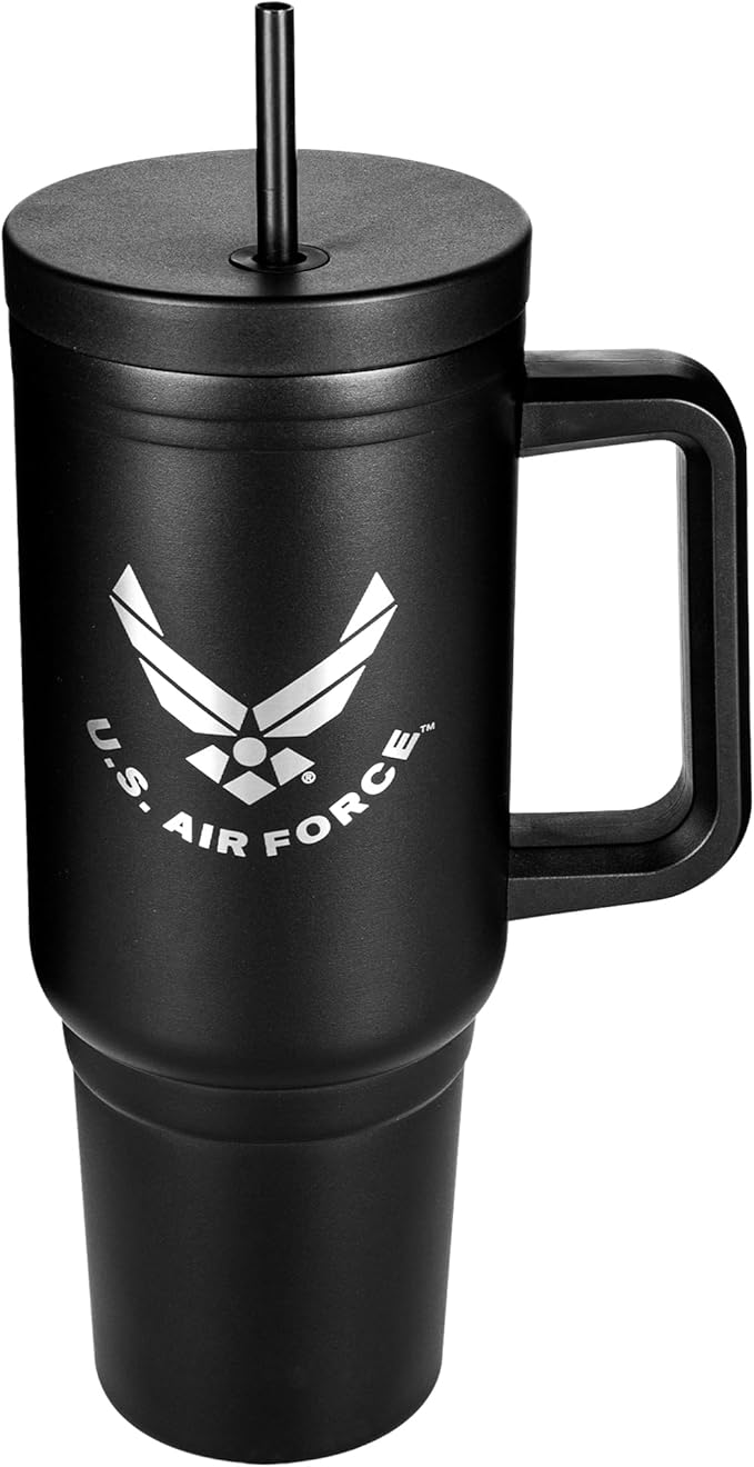 40oz USAF Tumbler with Handle, Leakproof Lid & Straw-Laser-Engraved Air Force Logo - Gifts for Airmen - USAF 40oz Tumbler