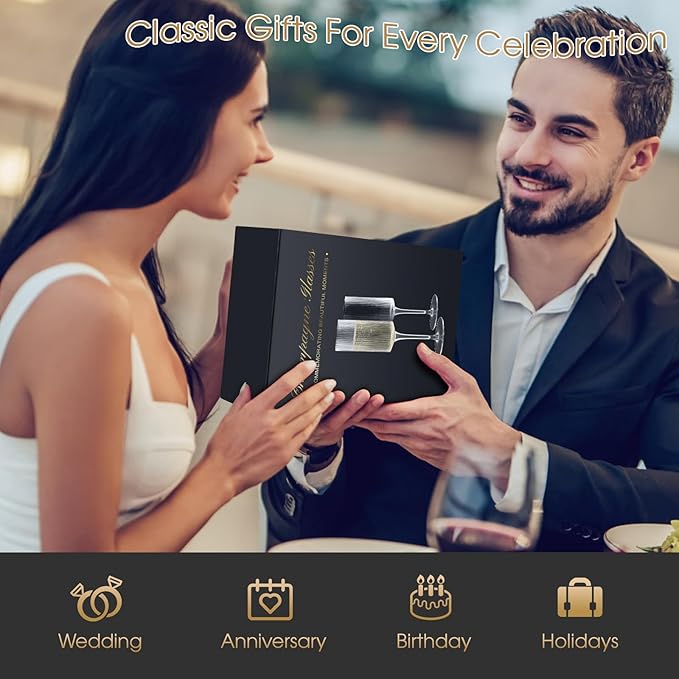 Topsky Ribbed Champagne Flutes Set of 2, 8 oz Crystal Champagne Glasses, Vintage Unique Ridged Design, Clear Mimosa Glasses, Cocktail or Wedding Toasting Glasses, Outer Stripe