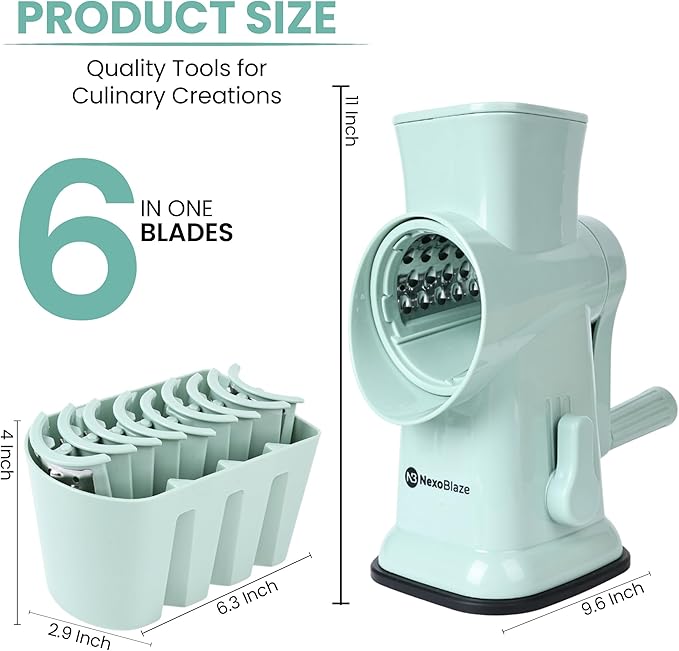 6 in 1 Rotary Cheese Grater Hand Crank with 6 Stainless Steel Blades, Cheese Shredder with Reinforced Suction Base, Grater For Cheese, Vegetables, Nuts and Ice, Easy to Clean