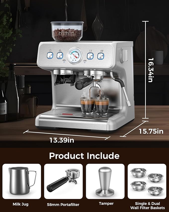 COWSAR Espresso Machine with Grinder, 2025 Upgraded Espresso Machine 15 Bar, Expresso Machine with Milk Frother Steam Wand, 75 Oz Removable Water Tank for Cappuccino, Latte, Stainless Steel