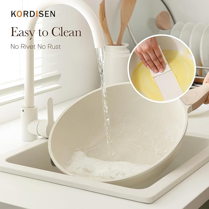 Nonstick Wok with Lid, 12 Inch Woks & Stir-fry Pans, Healthy Coating Induction Cookware, Compatible with All Stovetops, PFOA Free (Cream White)