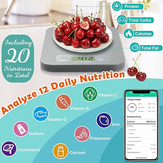 Smart Food Scale for Calorie Counting, Digital Food Scale with Nutritional Calculator, Bluetooth Food Weight Scale for Weight Loss, Diabetics, Macro, Diet, Baking 3g-5kg, 0.1oz