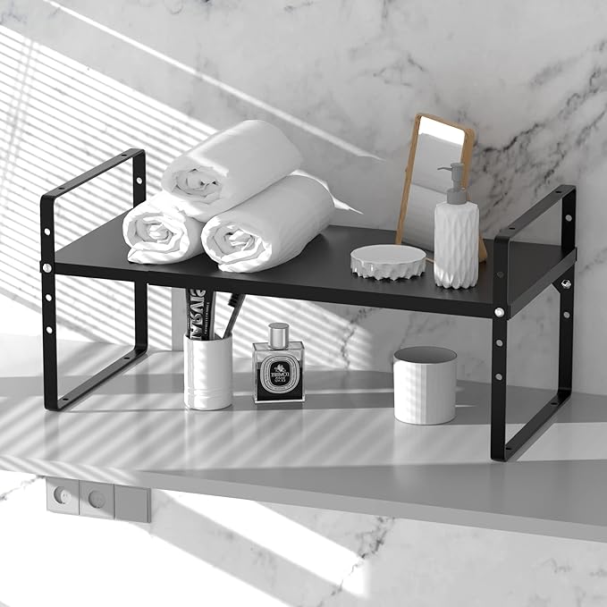 Redrubbit Large Expandable Cabinet Shelf Organizers, Stackable Kitchen Counter Shelves Spice Rack for Kitchen Bathroom Pantry Cupboard Desk Home Office, Black-2 Pack