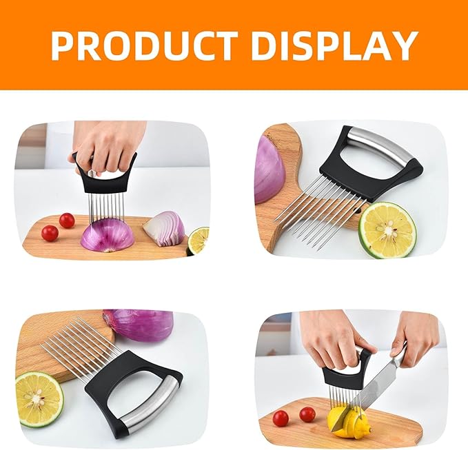 Onion Holder for Slicing, Upgrade Stainless Steel Onion Slice Holder Lemon Slicer Vegetable Cutter, Assistant Tool for Slicing Fruit, Potato, Tomato and Meat (1 Pack)
