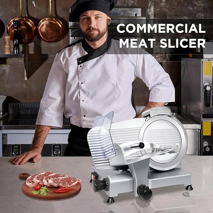 10" Commercial Meat Slicer, 340W, Electric Deli Slicer with Adjustable Thickness, Stainless Steel Blade, Built-in Sharpener, Removable Blade for Easy Cleaning