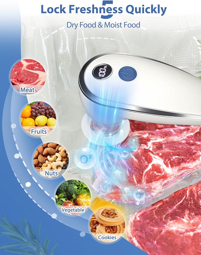 WanshengLe Vacuum Sealer, Handheld Vacuum Sealer for Food, Compact Vacuum Sealer Machine with 30 Reusable Sous Vide Bags for Preservation, Portable Food Sealer, Fresh & Save Meal Prep, White