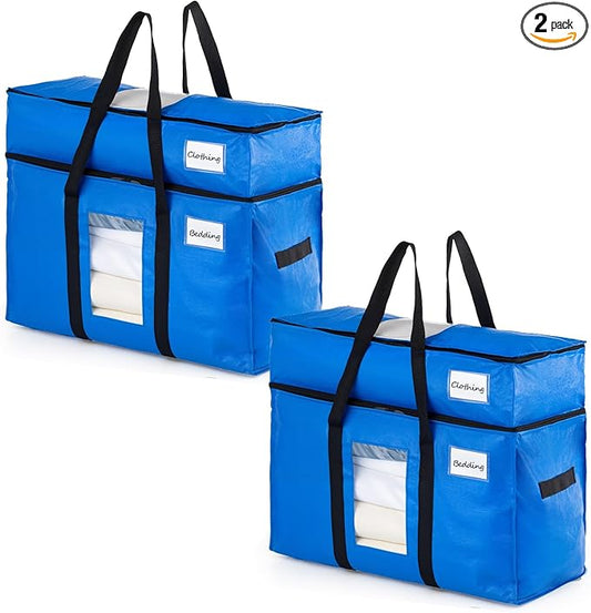TAILI 2 Tier Extra Large Moving Bags, 2 Pack Blue Heavy Duty Totes for Storage with Visible Window, Wrap Around Handles, Storage Bags for Space Saving, Alternative to Moving Boxes