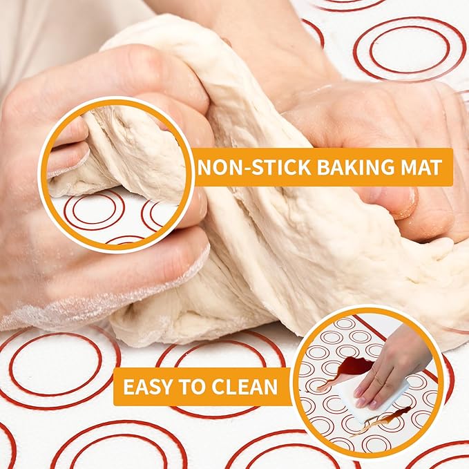 Silicone Baking Mat Sets, Dough Mat with Macaron Baking Mat Pastry Cutter Rolling Pin,Food Safe Pastry Mat, Reusable Cookie Sheets Liner