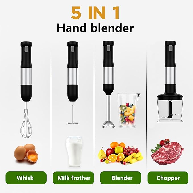 Cordless Immersion Hand Blender, 5-in-1 Variable Speed blender handheld,Rechargeable with 2000mAh Battery, BPA-Free & Dishwasher-Safe Accessories:700ml Beaker,Chopper,Whisk & Milk Frother,Ink