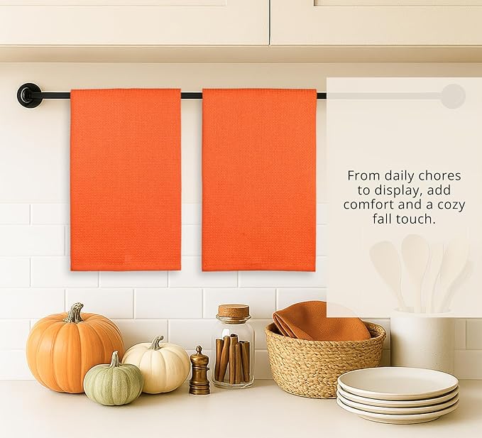 PurpleEssences Waffle Weave Kitchen Towel, 100% Cotton, 15x25 Inches, with Hanging Loop Ultra Soft Absorbent Quick Drying Dish Cloth, Tea and Hand Towels, 6 Pack - Christmas Holiday Winter - Orange