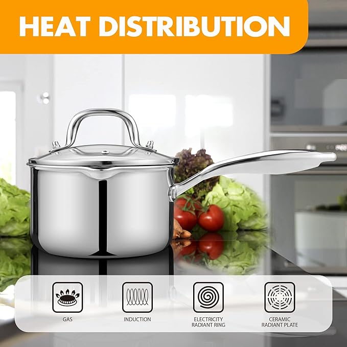 Stainless Steel Saucepan with Glass Lid, 3.5 Quart Multipurpose Sauce Pan, Sauce Pot - for Easy Pour with Ergonomic Handle