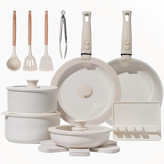 Pots and Pans Set Healthy Non toxic Non Stick Ceramic Cookware Set 21 Pcs Detachable Handles, Oven Safe, Induction Dishwasher, Stackable Frying Pan (PFOS, PFOA Free),Cream White