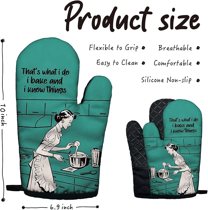 That's What I Do I Bake and I Know Things Funny Oven Mitts with Hanging Loop and Silicone Non-Slip, Housewife Baking Kitchen Utensils 2-Piece Set, Gifts for Bake Lover Mom Wife Sister