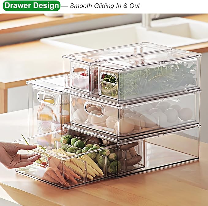 Taiuloo 3 Pack Stackable Refrigerator Organizer Bins with Pull-Out Drawer, Clear BPA-Free Food Storage Containers for Fridge Freezer, Kitchen Pantry Cabinet & Bathroom Vanity Organization