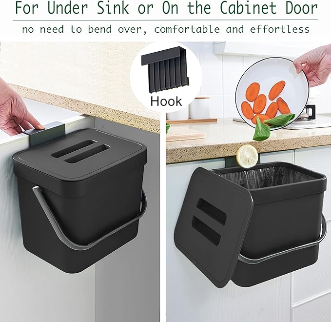 Kitchen Trash Can with Lid, LALASTAR Wall-Mounted Under Sink Small Garbage Can for Kitchen, Bathroom, Compost Bin Countertop, Cabinet Trash Can Hanging, 1.8 Gallon, (Black, 7L)