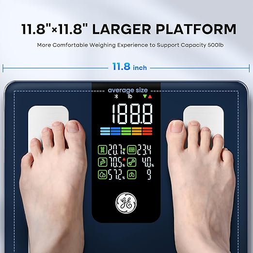 GE Smart Scale for Body Weight, BMI, Body Fat, Muscle Mass, Digital Bathroom Scales 500lbs for Bluetooth Weight Monitor 11.8" Large Platform Weighing Machine Health Analyzer with App