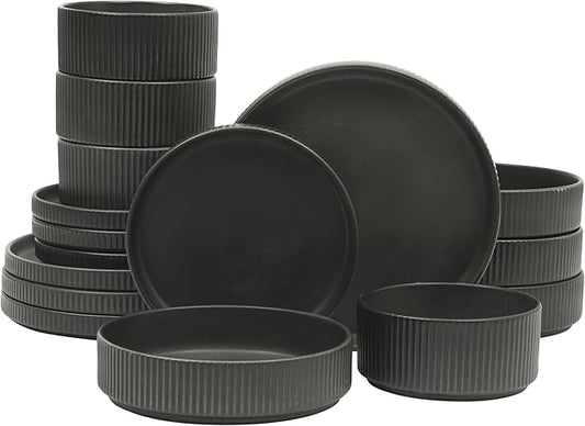Gibson Elite Deerfield 16-Piece Stoneware Dinnerware Set – Matte Black Reactive Glaze Plates and Bowls, Stackable, Modern Design, Service for 4 – Microwave & Dishwasher Safe