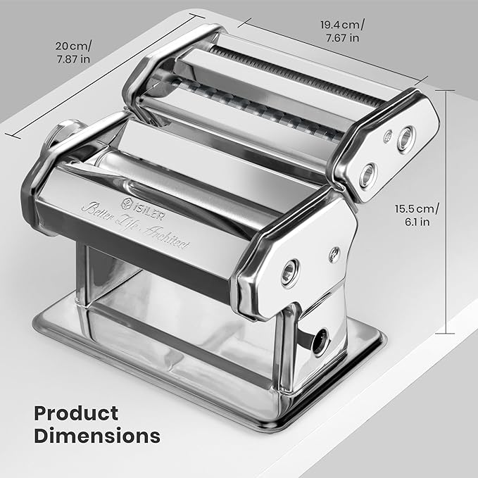 ISILER Pasta Maker, 9 Adjustable Thickness Settings 2 in 1 Pasta Machine with Rollers and Cutter, Noodle Maker for Dumpling Skin, Spaghetti, Fettuccini, Lasagna