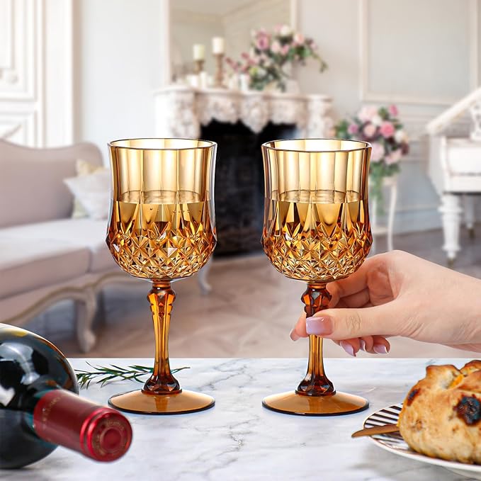 XUWAIDSGN 7oz Plastic Vintage Wine Glasses Drinking Glasses Unbreakable Wedding Glassware Crystal Water Goblets Reusable Drinkware Vintage Champagne Flutes (48, Brown)