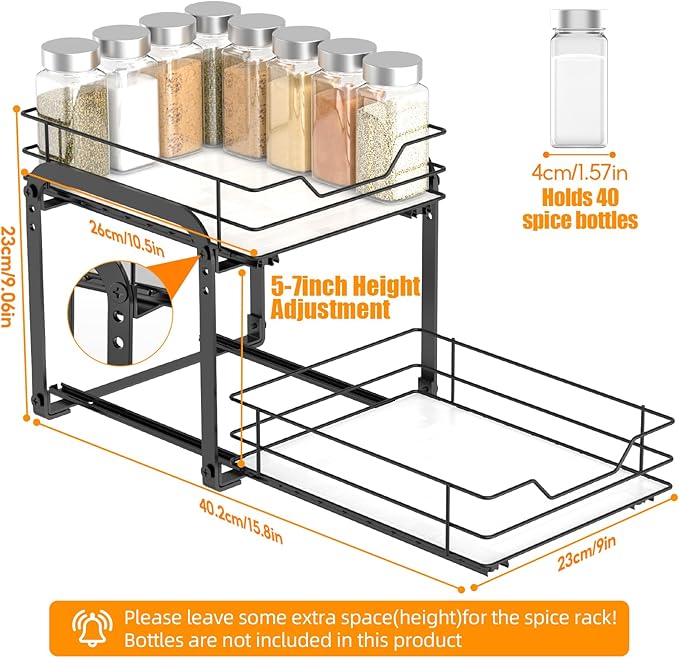 Spice Rack Organizer for Cabinet, 2 Tier Vertical Pull Out Spice Rack – Heavy Duty Metal Spice Organization for Cabinet, 40-Jar Capacity, Height Adjustable Cabinet Organizer (9"W×10.5"D×9"H, Black)