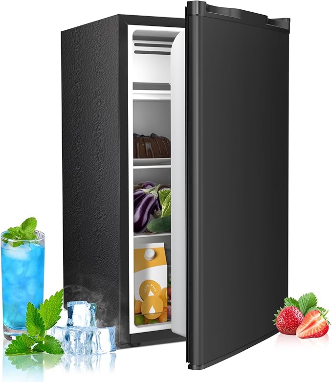 3.2 Cu.ft Mini Fridge with Freezer, Compact Refrigerator with Reversible Single Door, Adjustable Thermostat, Low Noise, Energy Efficient for Office, Dorm, Bedroom, Apartment (Black)