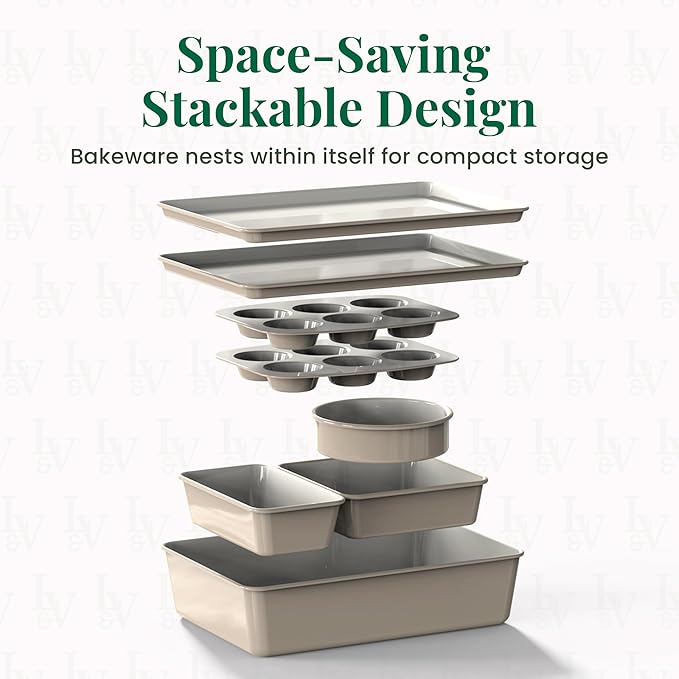 Larder & Vine 8-Piece Bakeware Set | Non-Stick Baking Set with Ceramic Finish | PFAS, PFOA, PTFE, and BPA Free Baking Essentials | Baking Sheets, Muffin Tins and Assorted Baking Pans | French Gray