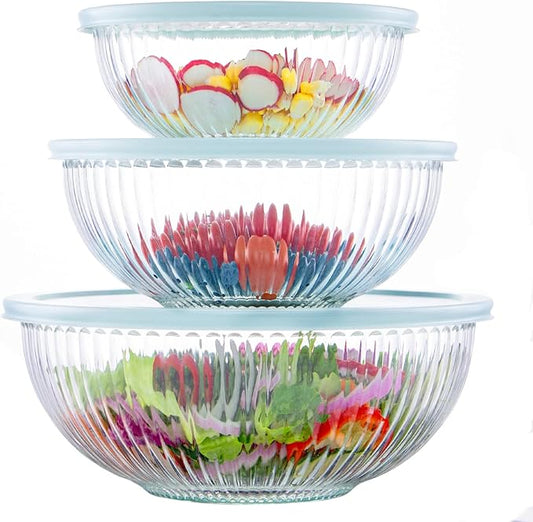 Luvan Glass Mixing Bowls with Lids Set(3.7QT, 2.1QT, 1.1QT),3PC Glass Nesting Bowl, Large Salad Bowls Sets with lids,Clear Cooking Bowl for Kitchen Prep,Food Storage,Baking,Microwave and Oven Safe