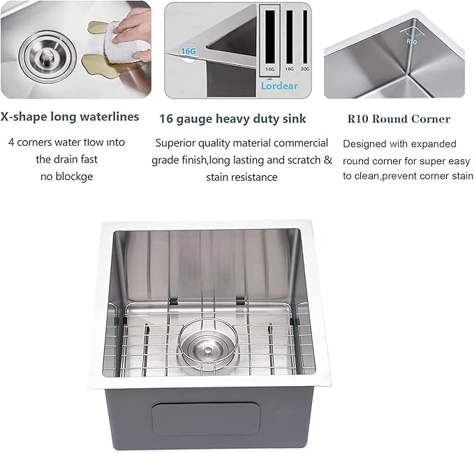Lordear Bar Sink 13 x 15 inch Undermount Stainless Steel Single Bowl Bar Prep Sinks 16 Gauge RV Wet Bar Kitchen Sinks