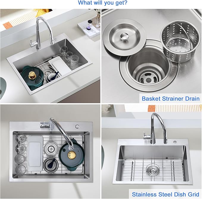 27 Inch Drop in Kitchen Sink - MENATT 18 Gauge Stainless Steel 2 Holes Single Bowl Topmount Kitchen Sink Basin Drop in with Drain Strainer & Grid, Brushed