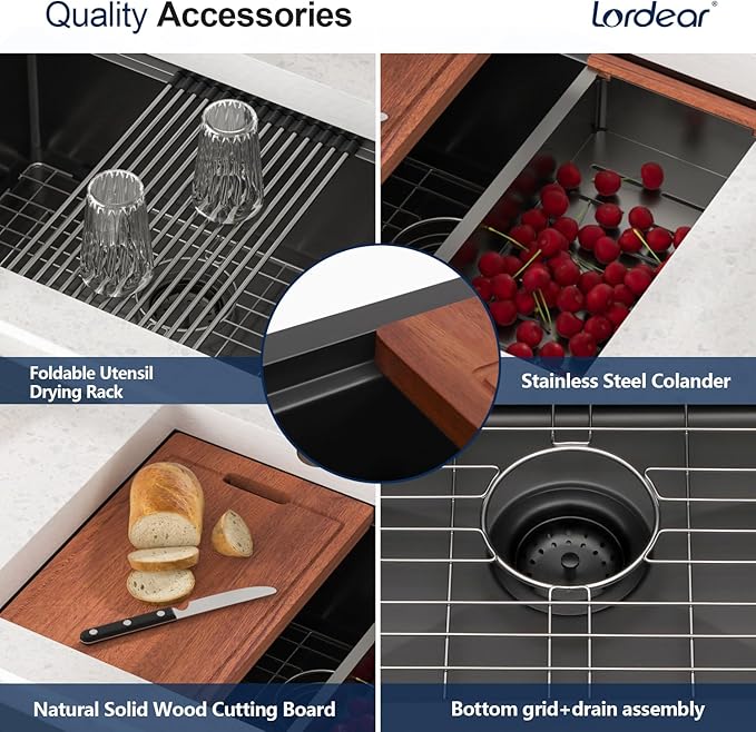 Lordear 25 Inch Black Kitchen Sink Undermount Kitchen Sink Workstation 25x19x10 Gunmetal Black 16 Gauge Stainless Steel Single Bowl