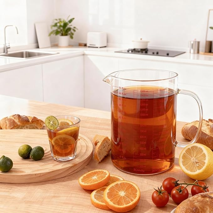 BCnmviku Glass Measuring Cups High Borosilicate [Insulated Handle | V-Shaped Spout]For Prepping Baking and Cooking Preheated Oven Dishwasher Freezer and Microwave Safe (1500ML)