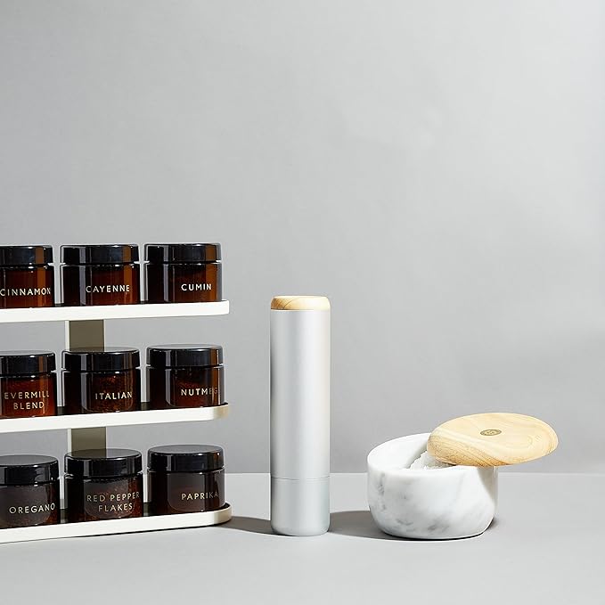 Evermill Premium Salt Mill with Coarse Himalayan Pink Salt, Anodized Aluminum Body, Wooden Cap, 26 Grind Settings, Manual Grinder (Silver)