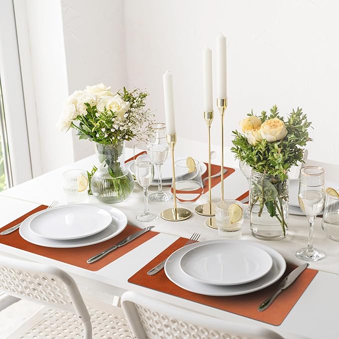 Vinyl Placemats Set of 6-12×17.7 Inch Waterproof & Heattable Placemats, Fall Faux Leather Wipeable Outdoor Table Mat for Dining, Kitchen, Indoor Outdoor Use(Camel, Cowhide Grain)
