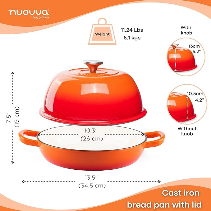 Enamelled Cast Iron Dutch Oven Pot – Dutch Oven For Sourdough Bread Baking – Cast Iron Bread Pot – Orange, 6 Quarts, 26cm – by Nuovva