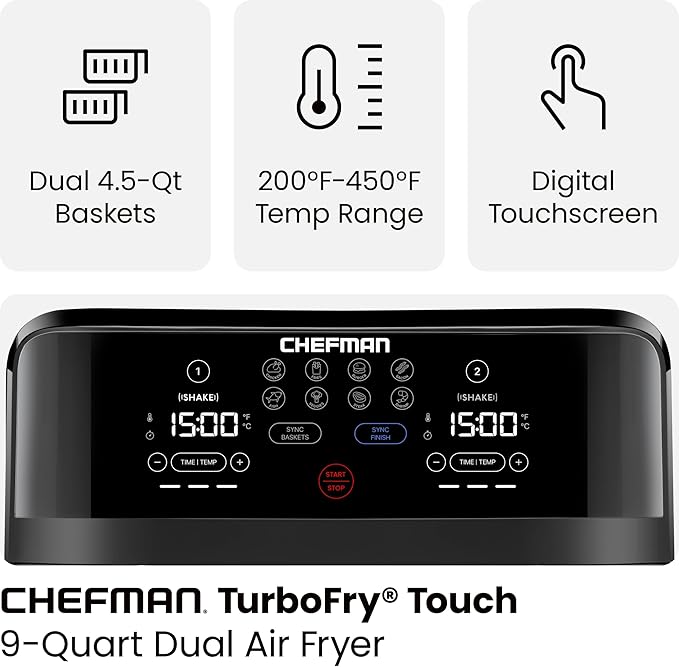 Chefman TurboFry Touch Dual Air Fryer, Maximize The Healthiest Meals With Double Basket Capacity, One-Touch Digital Controls And Shake Reminder For The Perfect Crispy And Low-Calorie Finish