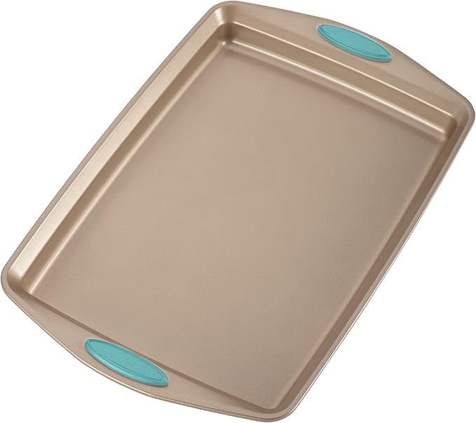 Rachael Ray 47578 Cucina Nonstick Bakeware Set with Grips Includes Nonstick Bread Pan, Baking Sheet, Cookie Sheet, Baking Pans, Cake Pan and Muffin Pan - 10 Piece, Latte Brown with Agave Blue Grips